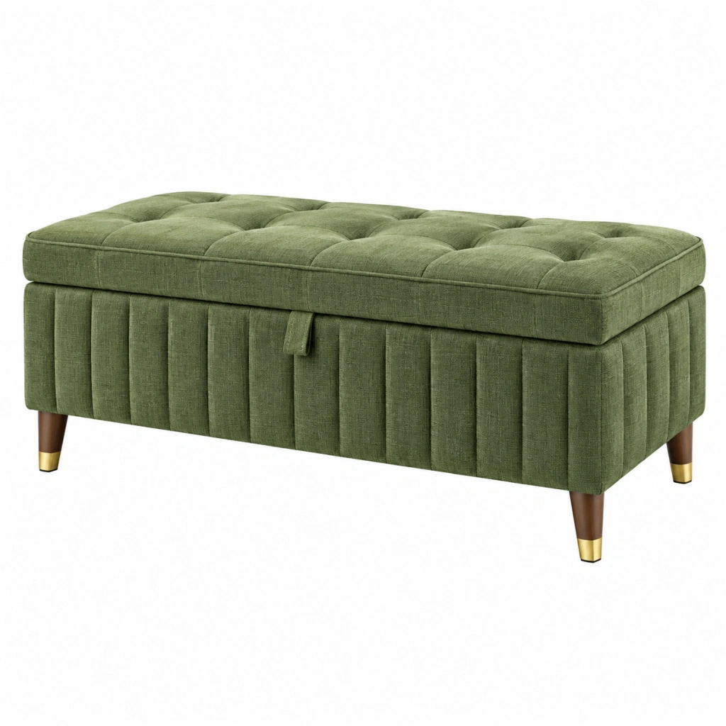 Sitzbank mit Stauraum 100 x 45 x 48 cm grüner Stoff gepolstert getuftet