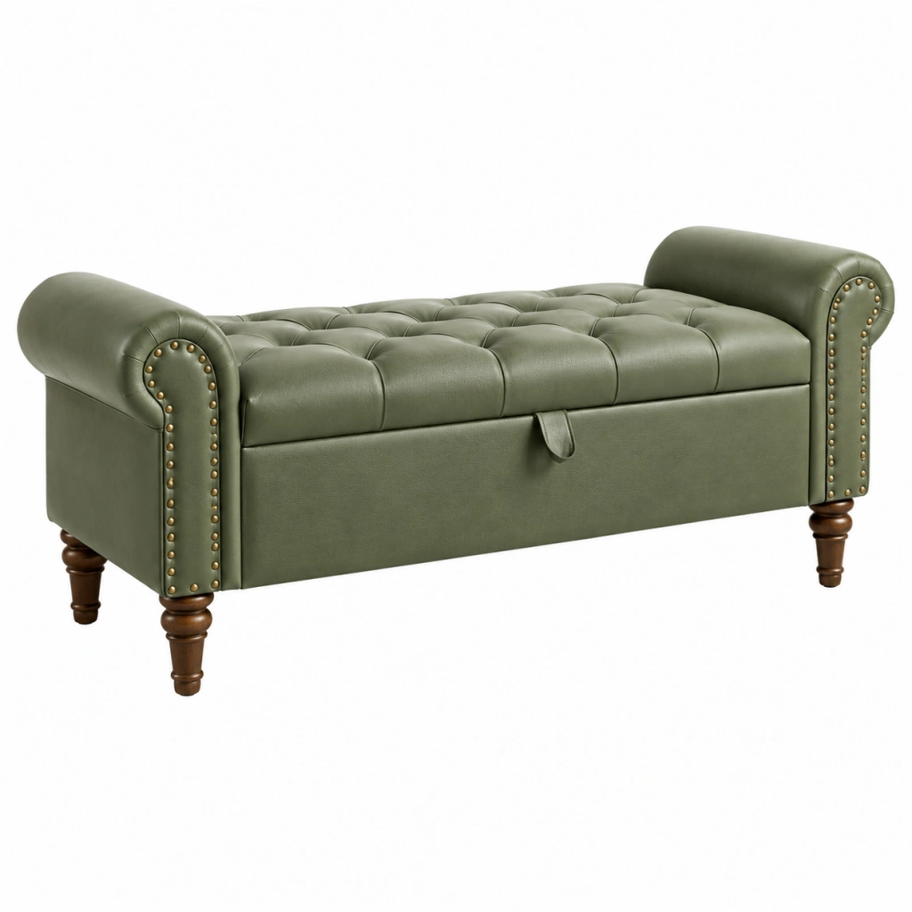 Sitzbank 140 x 50 x 65 cm aus Kunstleder Olivgrün mit Stauraum im Chesterfield-Stil