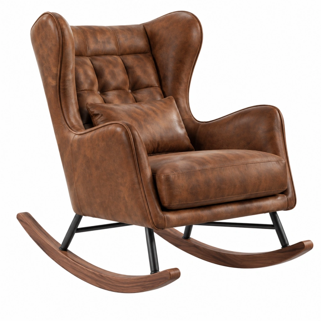 Schaukelstuhl 92 x 95 x 105 cm braunes Kunstleder mit Holzgestell im klassischen Stil