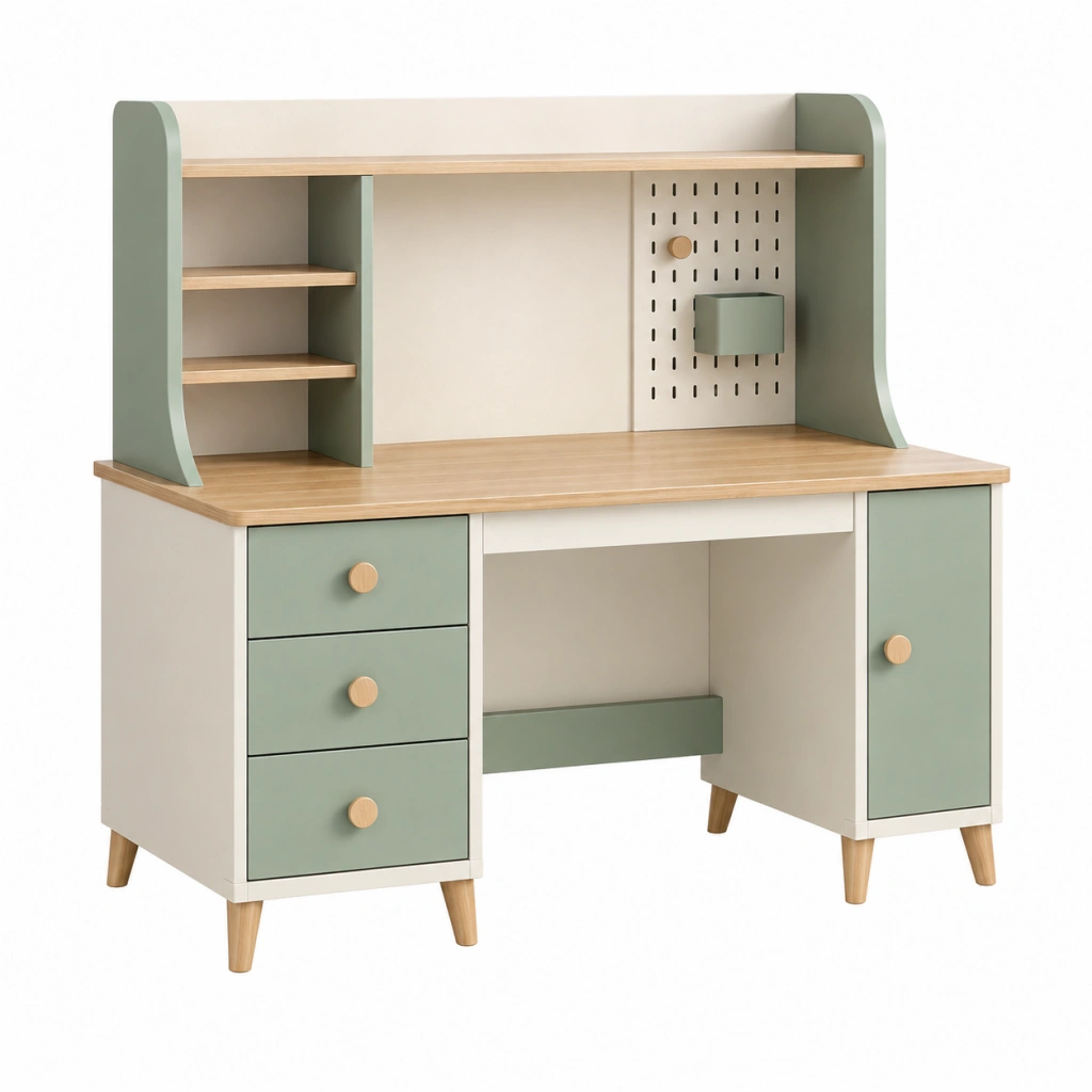 Kinderschreibtisch 120 x 60 x 160 cm Holzwerkstoff Grün Creme mit Aufsatz und Stauraum