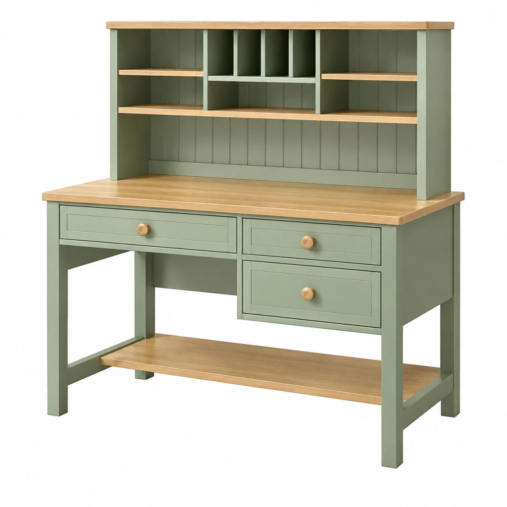 Schreibtisch 120 x 60 x 175 cm aus Holz in Salbeigrün und Natur mit Aufsatz und Schubladen