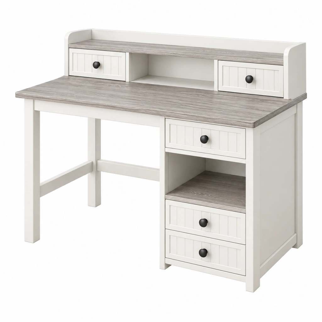 Schreibtisch 120 x 60 x 105 cm aus Holzwerkstoff Weiß Grau mit 5 Schubladen im Landhausstil