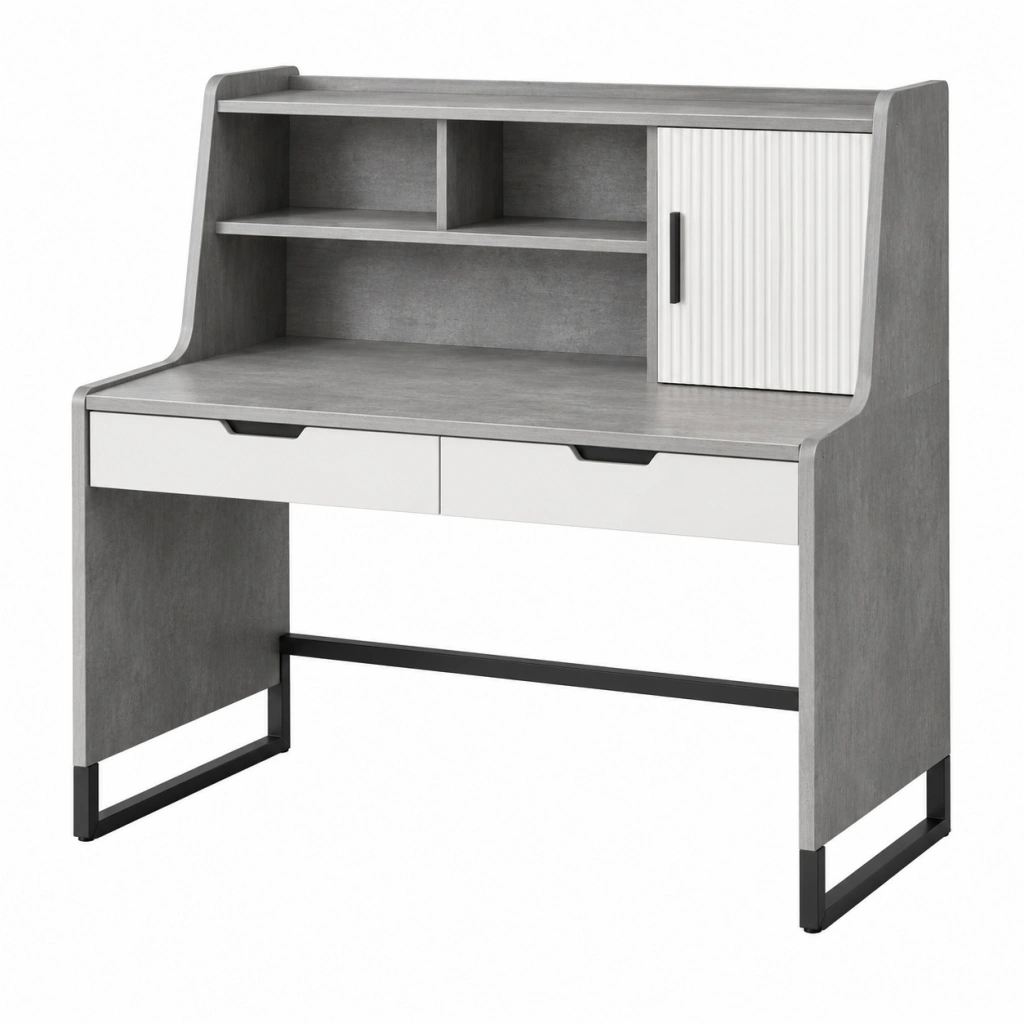 Schreibtisch 100 x 50 x 120 cm aus Holzwerkstoff in Grau Weiß mit Regal und Schubladen