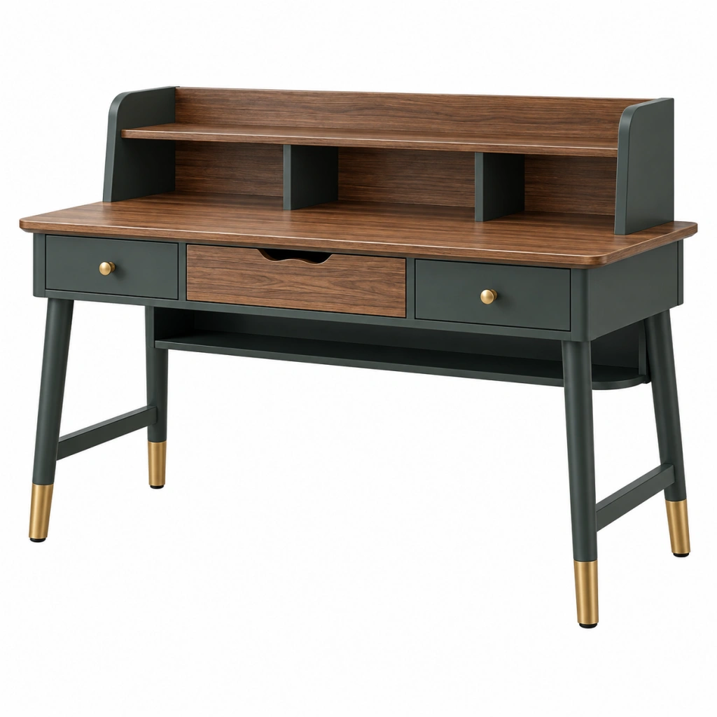Schreibtisch 120 x 60 x 105 cm in Walnussbraun Dunkelgrün mit 3 Schubladen und Aufsatz