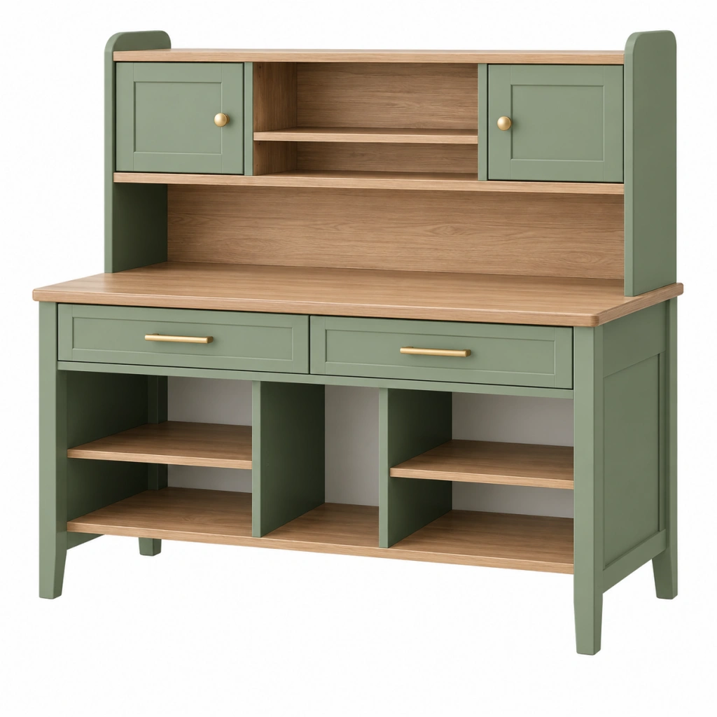 Schreibtisch 120 x 55 x 170 cm aus Holzwerkstoff in Salbeigrün und Natur mit Stauraum