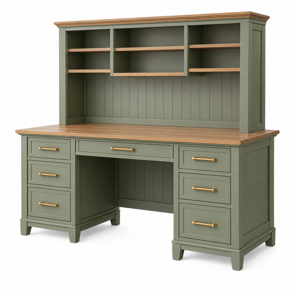 Schreibtisch mit Regalaufsatz 150 x 60 x 190 cm Holzwerkstoff Olivgrün Walnussholzoptik Landhausstil mit 6 Schubladen