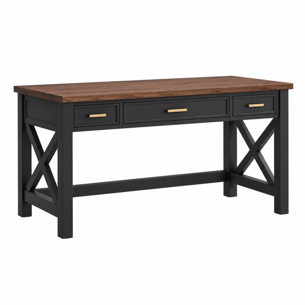 Schreibtisch 152 x 61 x 76 cm Holzwerkstoff Braun Schwarz mit 3 Schubladen Landhausstil
