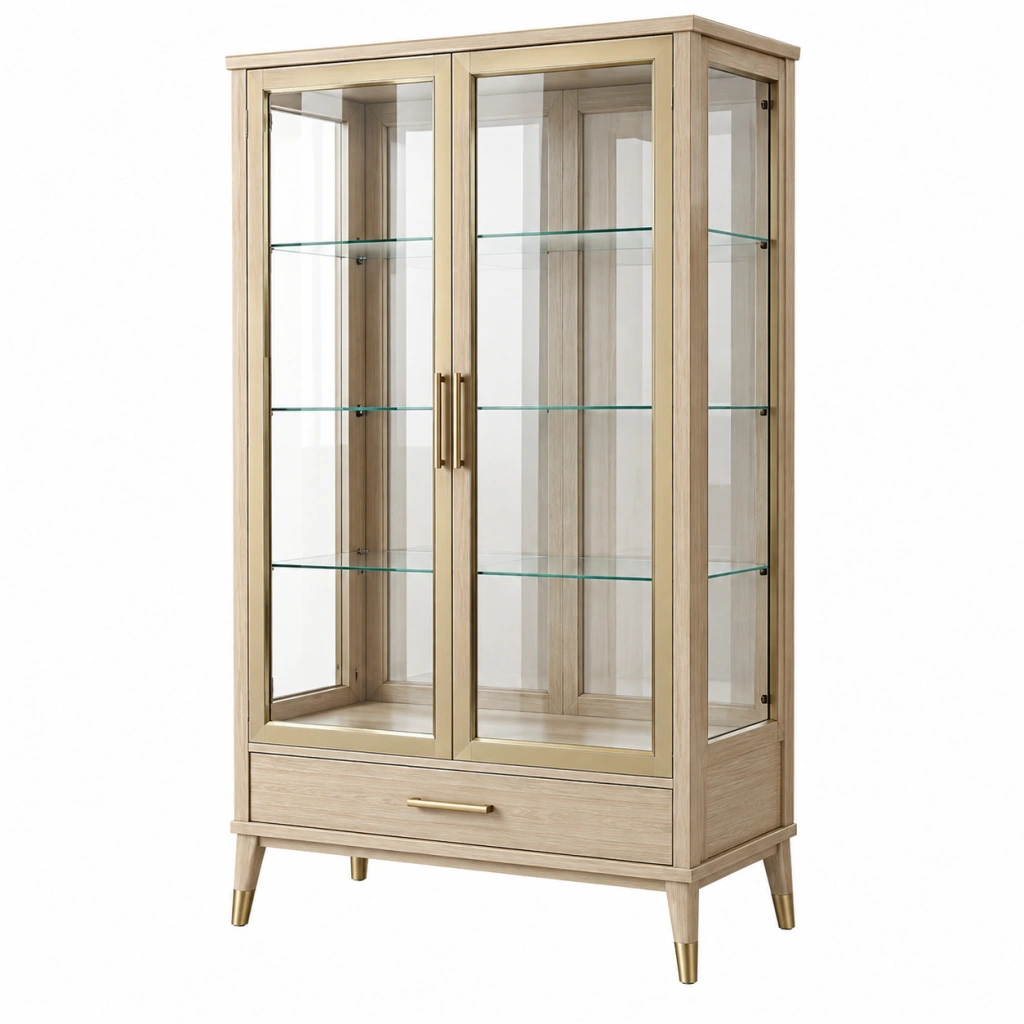 Vitrine 90 x 42 x 180 cm Holz und Glas Naturfarben mit Schublade im Landhausstil