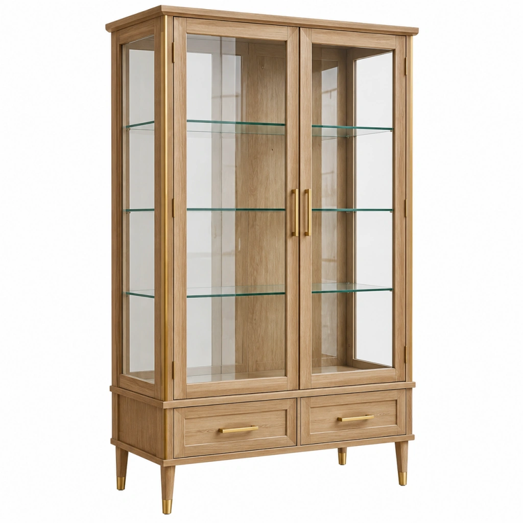 Vitrine 100 x 40 x 180 cm aus Holz und Glas in Natur mit 2 Türen und Schubladen
